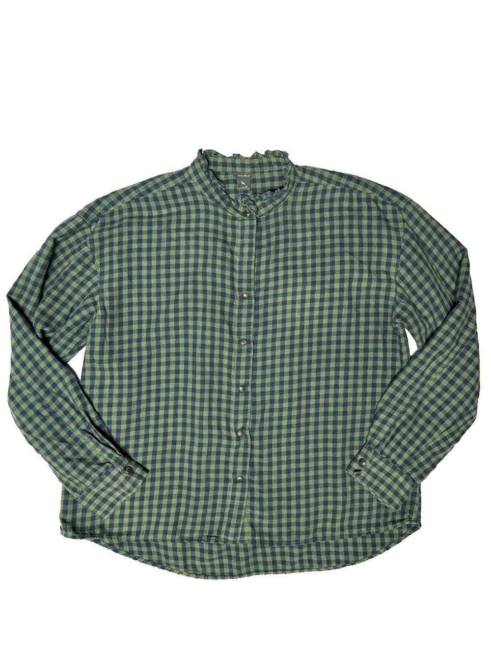 Eddie Bauer Green Plaid Snap Button Flannel Shirt Ruffle Collar Tencel Size Med